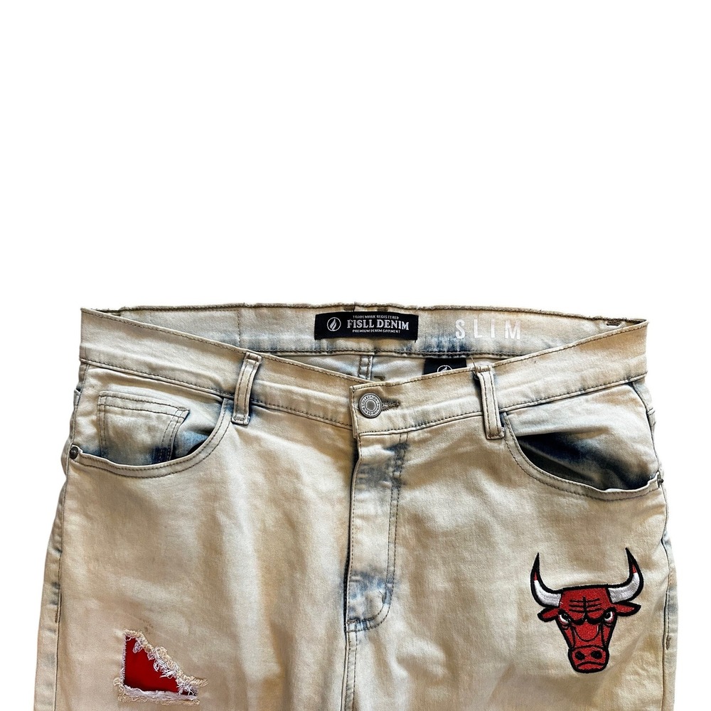 Fisll Denim‎ Chicago Bulls Slim Moto Distressed Jeans Light Wash Mens 34x32 - Picture 3 of 4